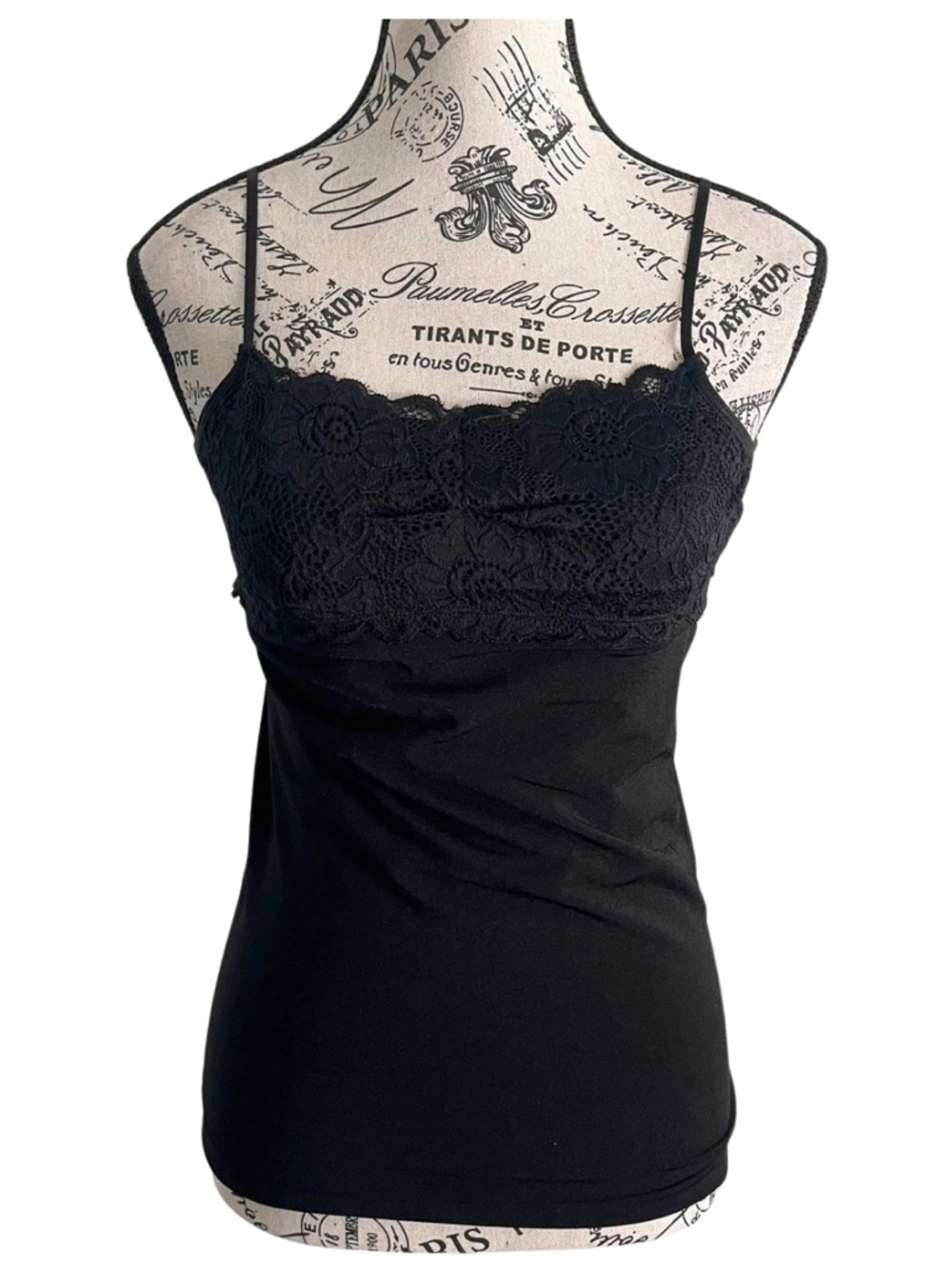 Patricia Black Lace Trim Cami Top Y2K Soft Goth Stretch Slim Fit Layering Large
